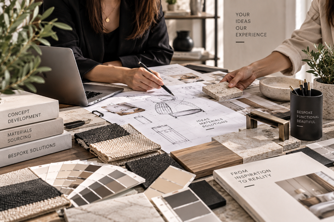 A development table with sketches, finishes and material samples