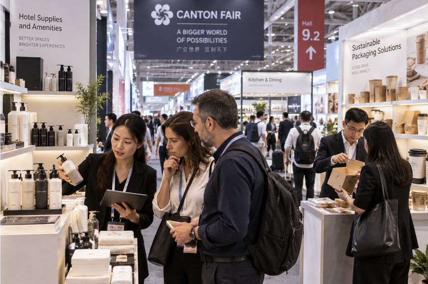 The WEIYIGE team guiding clients through products at the Canton Fair
