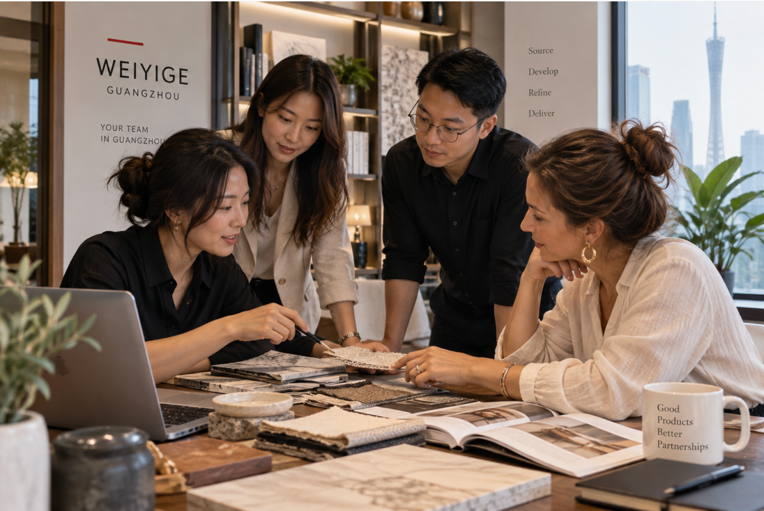 The WEIYIGE team and a client reviewing materials together in Guangzhou